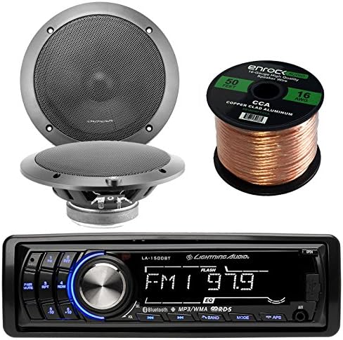Lightning Audio by Rockford Fosgate LA1500BT MP3 Bluetooth Stereo Receiver Player Bundle Combo With 2x L65-S 6-1/2" Inch Full Range Black Car Coaxial Speakers + Enrock 50 Foot 16 Gauge Speaker Wire