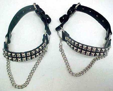 Black Leather Pyramid Studded Bootstraps Boot Chains