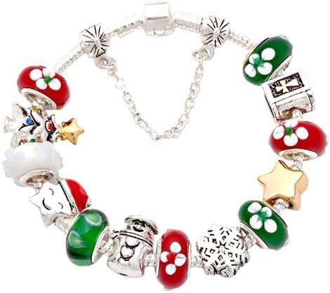 ( 7.8inch/20cm ) European Hot Fashion Style Red & Green Murano Glass Beads Christmas Gifts Tree, Santa, Snowman Charm Beaded Complete Silver Plated Bracelets for Women Girls Jewelry Compatible With Pandora