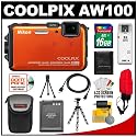 Nikon Coolpix AW100 Shock & Waterproof GPS 16.0 MP Digital Camera (Orange) with 16GB Card + Battery + Case + Floating Strap + HDMI Cable + Flex Tripod + Accessory Kit
