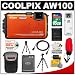 Nikon Coolpix AW100 Shock & Waterproof GPS 16.0 MP Digital Camera (Orange) with 16GB Card + Battery + Case + Floating Strap + HDMI Cable + Flex Tripod + Accessory Kit