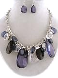 Fancy Chunky Silver Tone Blue Black Clear Faceted Teardrop Bead Statement Bib Necklace and Earrings Set Elegant Trendy Beaded Fashion Jewelry