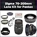 Sigma 70-300mm f/4-5.6 APO DG Macro Lens for Pentax K-x, K-r Digital SLR Cameras. Package Includes: Sigma 70-300mm Lens, 0.45X Wide Angle Lens, 2X Telephoto Lens, Lens Cap, Lens Hood, Lens Cap Keeper, 3 Piece Filter Kit (UV-FLD-CPL) and Microfiber Cleaning Cloth