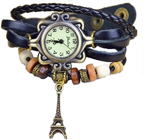 Misslo® Boho Chic Vintage Inspired Leather Rope Bracelet Watch with Eiffel Tower (Black)