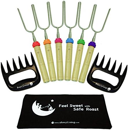 Marshmallow Roasting Sticks (Set of 6) - 34" Telescoping Smores Skewers &amp; Hot Dog Fork - Stainless Steel Camping Cookware - Patio Fire Pit or Camping - BONUS: Premium Meat Claws