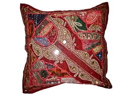 Vintage Sari Patchwork Beaded Cushion Cover Burgundy Moti Mirror Floor Pillows 24 Inch
