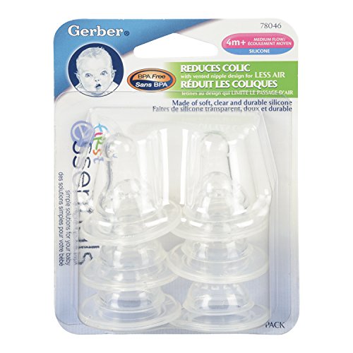 Gerber First Essential Silicone BPA Free Nipples, Medium Flow, 6 Pack