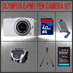 Olympus PEN E-PM1 Digital Camera (White) W/14-42mm Lens + Huge Accessories Package Including 4GB SDHC Memory Card + High Capacity PS-BLS-1 Replacement Lithium-Ion Battery + Hi-Speed SD Card Reader + Carrying Case + Table Top Tripod Kit
