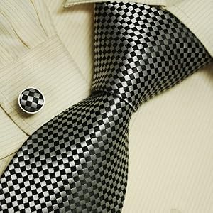black checkers mens dress ties dark grey Valentine gift for him fashion silk tie cufflinks set...
