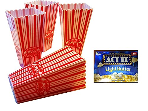 4 Sturdy Best Value Reusable Movie Theater 4 Cups Ea. Popcorn Bucket, (Red, White) and 1 Box ACT II Light Butter Popcorn 3 Count, Movie Night Ideas, Mothers Day Gifts