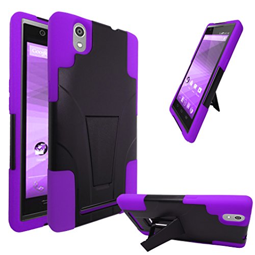 E-Time (TM) ZTE ZMAX Z970 Dual layered Heavy Duty Silicone Skin Hybrid Armor Case With Kickstand (Free Stylus Pen Included) (black/purple)