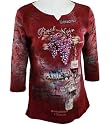 Cactus Fashion "Pinot Noir" 3/4 Sleeve, Rhinestone Studded, Split Scoop Neck, 100% Cotton Printed Top - Plum