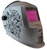 Rhino BIG VIEW Auto Darkening Welding Helmet Hood Mask - Battery and Solar Combo - Silver Skulls RH12
