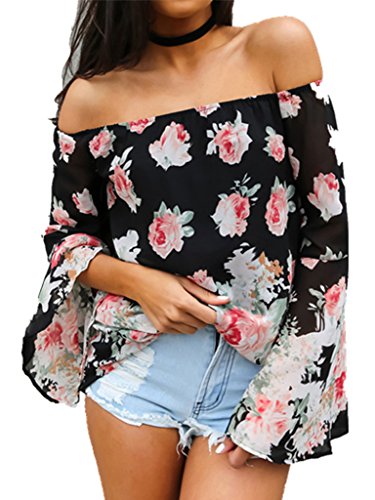 Persun Women Black Floral Off Shoulder Batwing Sleeve Blouse
