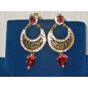 Gift for Mom- Half Moon Shaped Earrings Push Pin Red Ruby Fashion of India