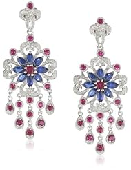 Sterling Silver Created Sapphire, Created Ruby and Diamond Flower Dangle Earrings