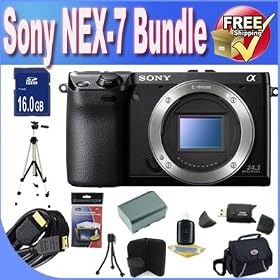 Sony Alpha NEX-7 Interchangeable Lens Digital Camera (Black) + 16GB SDHC Memory + Extended Life Battery + USB Card Reader + Memory Card Wallet + Deluxe Case w/Strap + Mini HDMI to HDMI Cable + Shock Proof Deluxe Case + Professional Full Size Tripod + Accessory Saver Bundle!