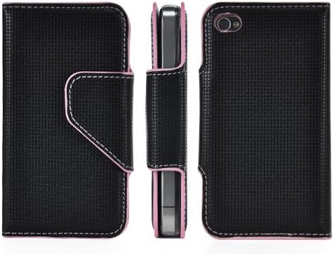 Wallet Style Magnetic Flip Faux Leather Pouch Case for Apple iPhone 4 / 4s - Black / Pink