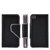 Wallet Style Magnetic Flip Faux Leather Pouch Case for Apple iPhone 4 Black ....