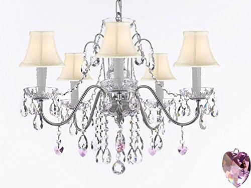 Hamilton Home Daniele Collection Chrome Finish Crystal Chandelier Lighting Chandliers with Pink Crystal Hearts and White Shades - Good for Dining Room, Foyer, Entryway