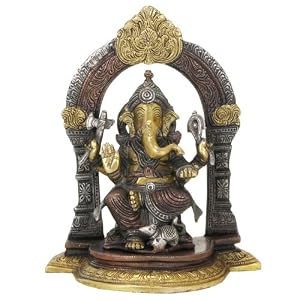 Brass, Copper and Antique Silver Finish Ganesh Statue with a Gate