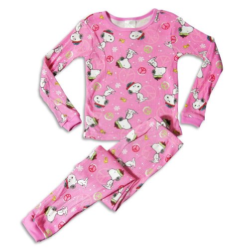 Peanuts - Girls 2 Piece Long Sleeve Snoopy Thermal Pajamas, Pink (Size 6)