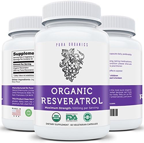 Organic Resveratrol | 1,000mg Resveratrol (500mg Trans-Resveratrol) Per Serving | NON-GMO | Powerful Antioxidant &amp; Skin Supplement | 100% Guarantee | 60 Vegetarian Capsules
