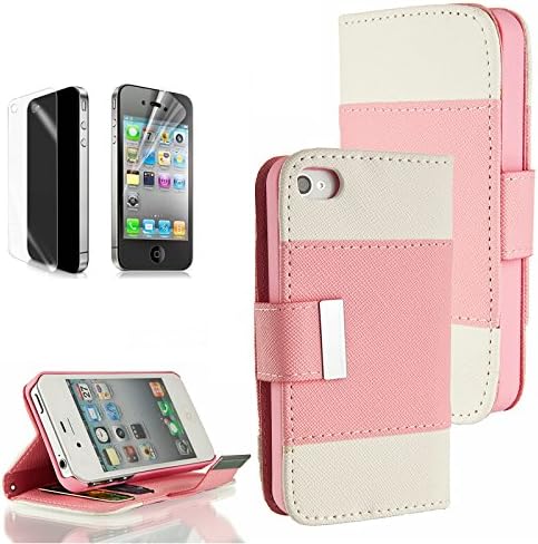 iPhone 4 case, iPhone 4S case, Moreyoulike Wallet PU Leather Case stand magnetic closure with Credit ID Card slot Holder Cover Pouch with free screen protector (Wide_Pink+White)