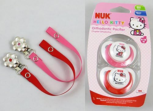 Sale! Limited Time Nuk Hello Kitty Girls Silicone Pacifiers 6-18 Months Set with 2 Pacifier Holder Clips (Red/hot Pink)