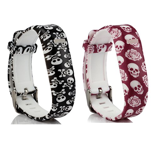 HoneyLife Fitbit Flex Cute Silicone Replacement Wristband Bracelet/ Wireless Activity and Sleep Tracker Accessory Band with Safety Watch Buckle + Fastener Ring (Skull Pattern - Pack of 2)