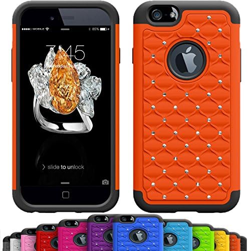 iPhone 6s / 6 Plus (5.5 Inch) Crystal Studded Defender Cases by VALLT, Hybrid Dual Layer Rhinestone Bling Protective Case for Apple I Phone - Lifetime Guarantee (Orange Soda)