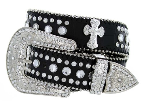 Womens Genuine Leather Rhinestone Cross Conchos Studded Belt - Black
