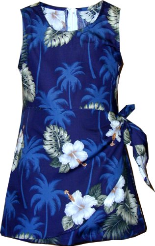 Pacific Legend Girls White Hibiscus Monstera Sarong Dress Navy Blue 10