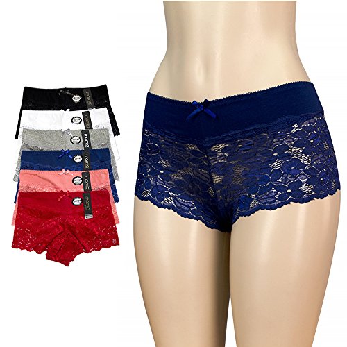 6pk Women s Cotton Spandex Hipster Boyshort Lace Trim Underwear Panties Sheer, Multi-color, Medium