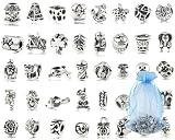 Bundle Monster 40 PC Antique Silver Plated Oxidized Metal Beads Charms Set Mix Lot - Compatible with Pandora Biagi Troll Chamilia Bracelets