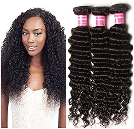 Jiefar Remy Human Hair Extensions Malaysian Virgin Hair Wigs 100% Unprocessed Deep Curly Hair 100g/bundle Natural Black Color Mixed Length 3 Bundles (24 26 28)