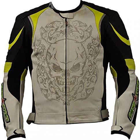Celebrita X Motorbike Men's Skull Style Leather Jacket with CE Armor Protection Cowhide White/Black 5XL - For Chest 52"-54"