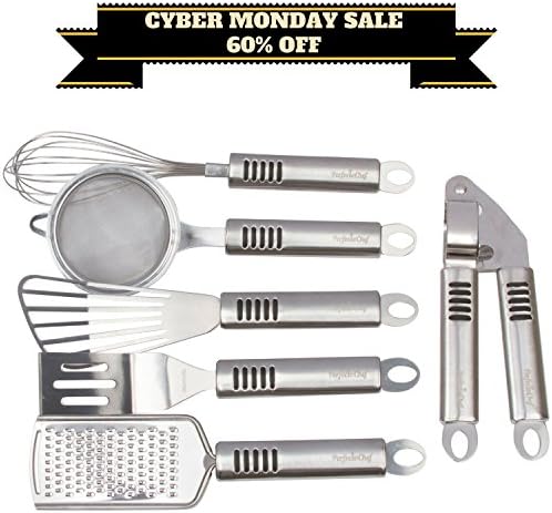 For Cooking Lovers - Introducing the newest Cooking Gadgets 6 Piece Set by PerfectoChef - Cool &amp; Unique Kitchen Utensils for Men &amp; Women - Grater - Whisk - Garlic Press - Spatula - Strainer - Turner