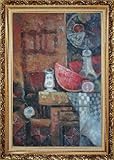 IMAGE OF Still Life Object of Watermelon, Fan and Old Table Oil Painting, with Ornate Antique Dark Gold Wood Frame 42 x 30 inches
