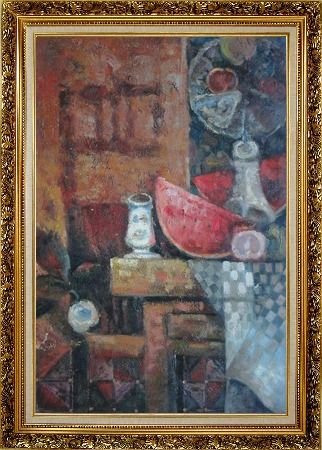 Still Life Object of Watermelon, Fan and Old Table Oil Painting, with Ornate Antique Dark Gold Wood Frame 42 x 30 inches
