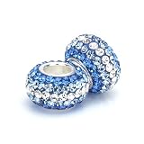 Bella Fascini Blue Baby Blue & Clear Crystal Stripe Pave Beads, Made with Swarovski Crystal Elements, Solid Sterling Silver Core - European Bead Charms, Set of 2