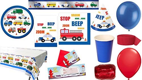 Party Supplies for 16 Guests Perfect for a Boy Who Enjoys Trucks, Fire Engines, and Police Cars This Ultimate Party Pack Includes a Table Cover, Foil Banner, Cups, Napkins, Plates, Treat Bags, Invitations, Hats, Curling Ribbon, Streamer, and Balloons - This Bundle Includes 134 Pieces!