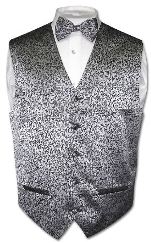 Antonio Ricci Men's Silver Gray Paisley Design Dress Vest Silver Grey BOW TIE Set for Suit or Tuxedo