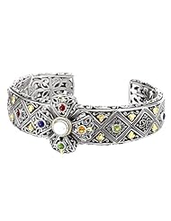 18K Yellow Gold and Sterling Silver Multi Color Stones Cross Cuff Bracelet