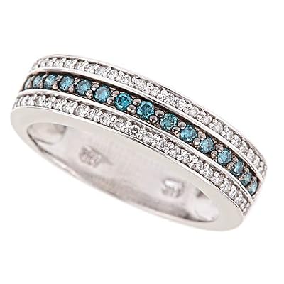 14K White Gold White Blue Diamond Wedding Anniversary Band Ring Wedding Band Sets with Blue Diamonds