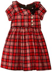 Girls Corduroy/Cotton  Plaid Print Round Neck  Dress With a Bow(s)