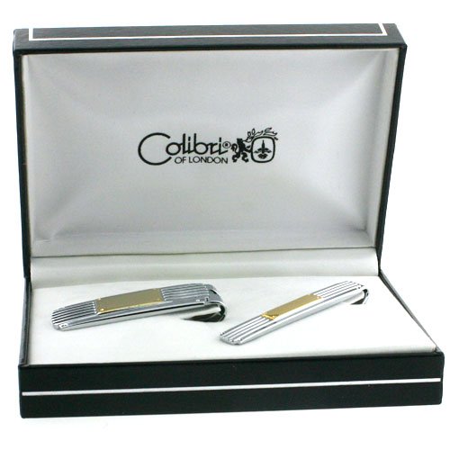 Colibri Money Clip & Tie Bar Stainless/Goldtone Engravable Plate Set (AMS028303) SALE