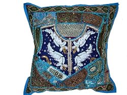 Gift For Home-Decorative Vintage Sari Cushion Covers Brandeis Blue Decorative Moti Indian Pillow Covers 24"
