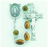 Brown Oval Cocoa Bead Sterling Silver Rosary-Boxed 70/102 23" w/o Crucifix & Center Patron Saint St. Medal Pendant Necklace In Gift Box