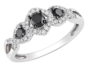 Black and White Diamond Three Stone Ring 1/2 Carat (ctw) in 10k White Gold, Size 7.5